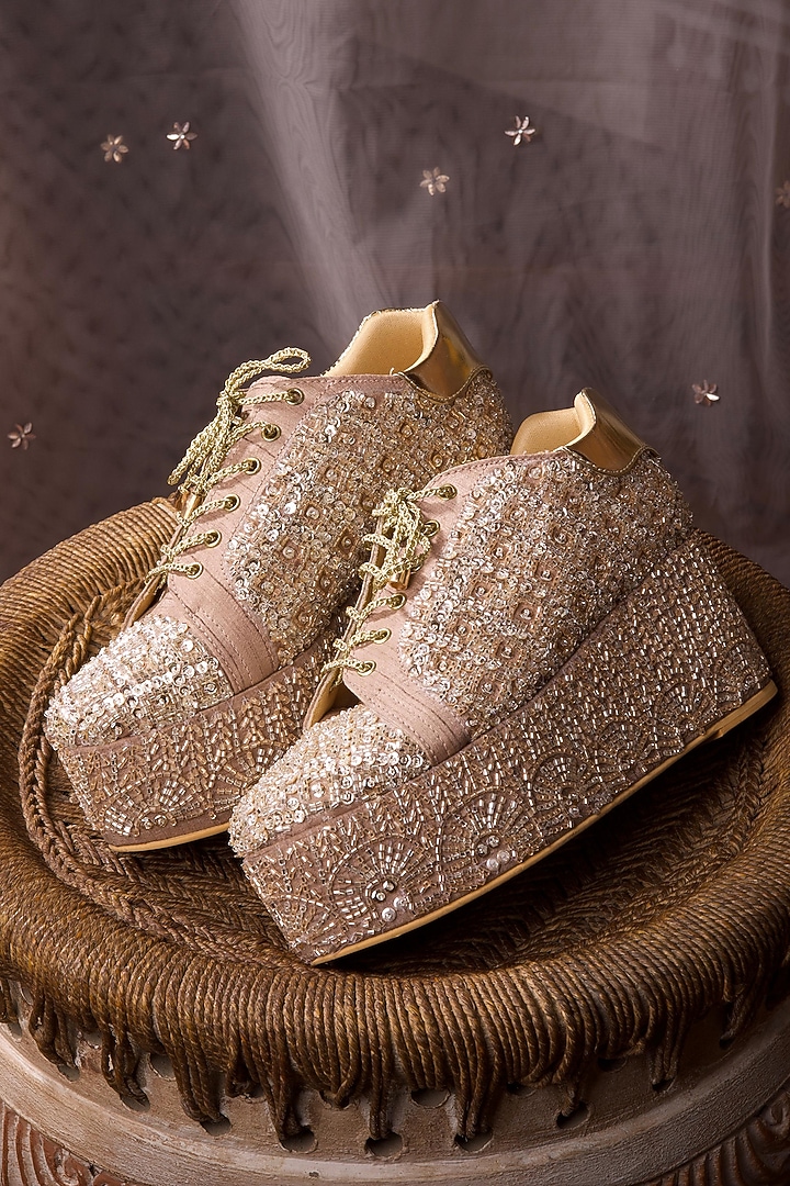 Light Mauve Raw Silk Sneaker Wedges by TIESTA at Pernia's Pop Up Shop