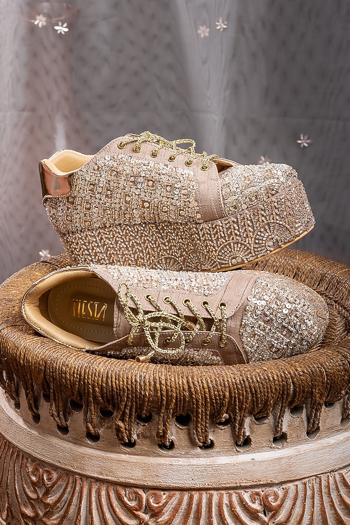Light Mauve Raw Silk Sneaker Wedges by TIESTA at Pernia's Pop Up Shop