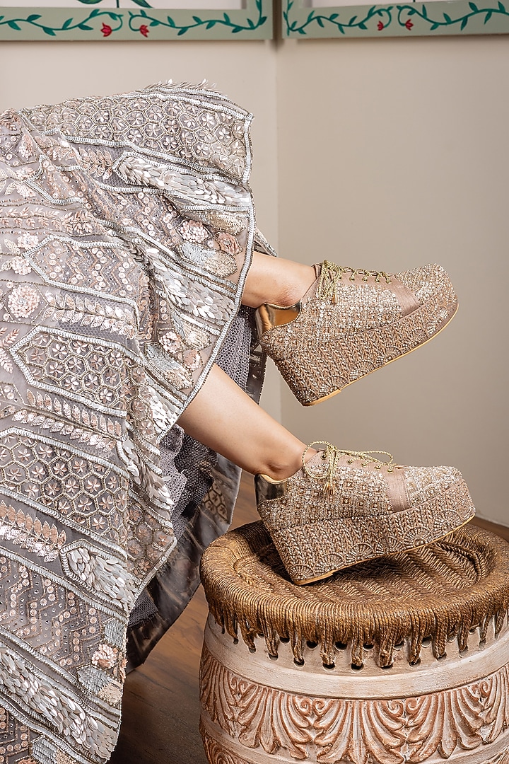 Light Mauve Raw Silk Sneaker Wedges by TIESTA at Pernia's Pop Up Shop