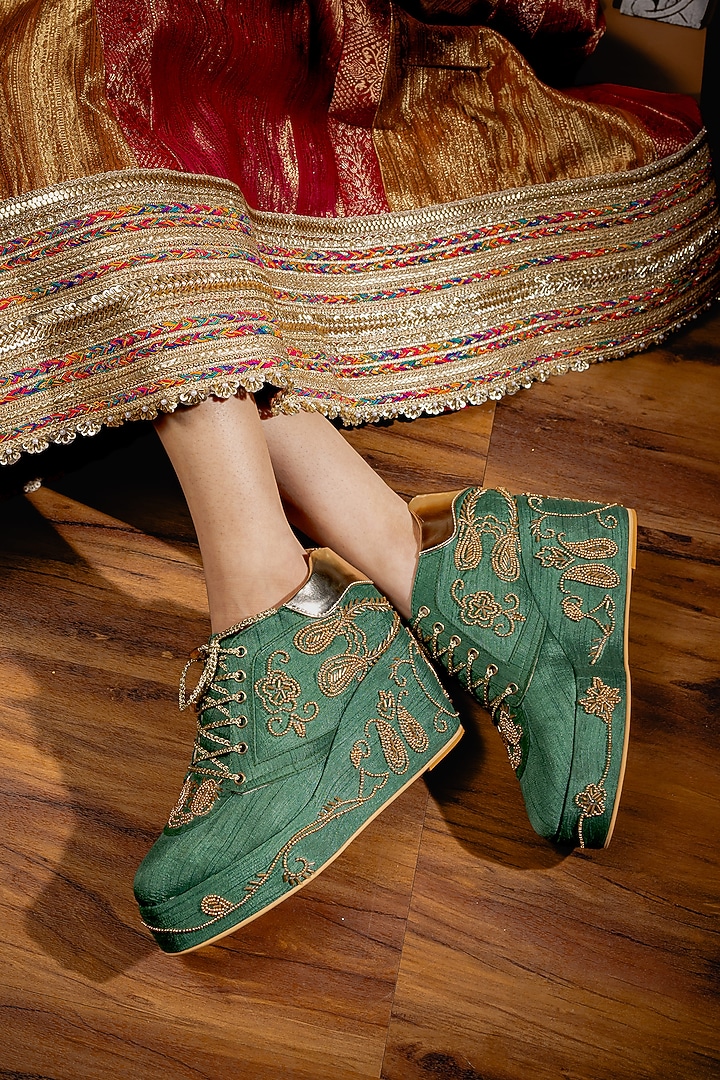 Green Raw Silk Sneaker Wedges by TIESTA at Pernia's Pop Up Shop