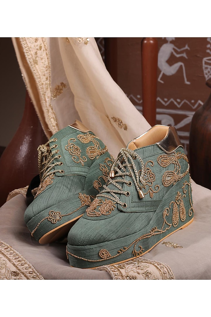 Green Raw Silk Sneaker Wedges by TIESTA at Pernia's Pop Up Shop