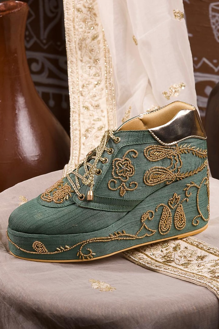 Green Raw Silk Sneaker Wedges by TIESTA at Pernia's Pop Up Shop