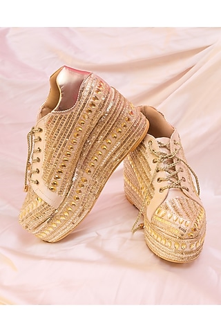 Light Gold Satin Sneaker Wedges by TIESTA