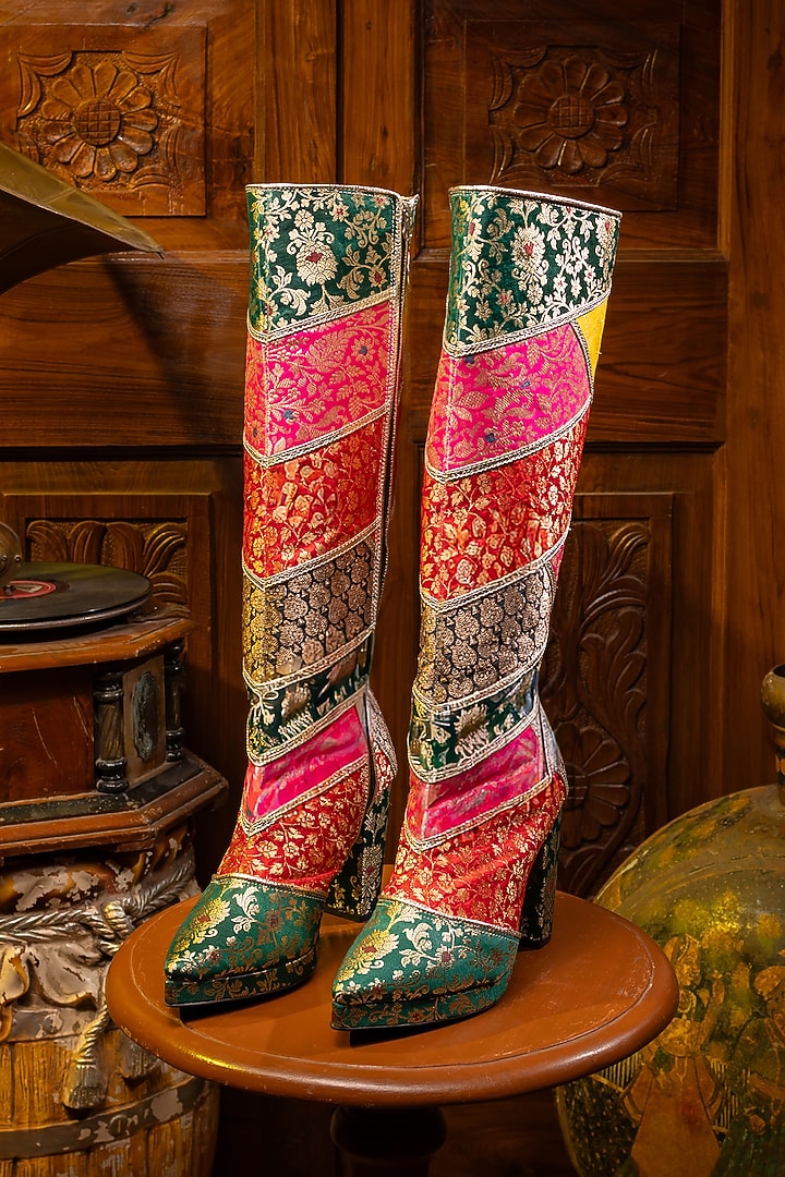 Multi-Coloured Silk High Boots by TIESTA at Pernia's Pop Up Shop