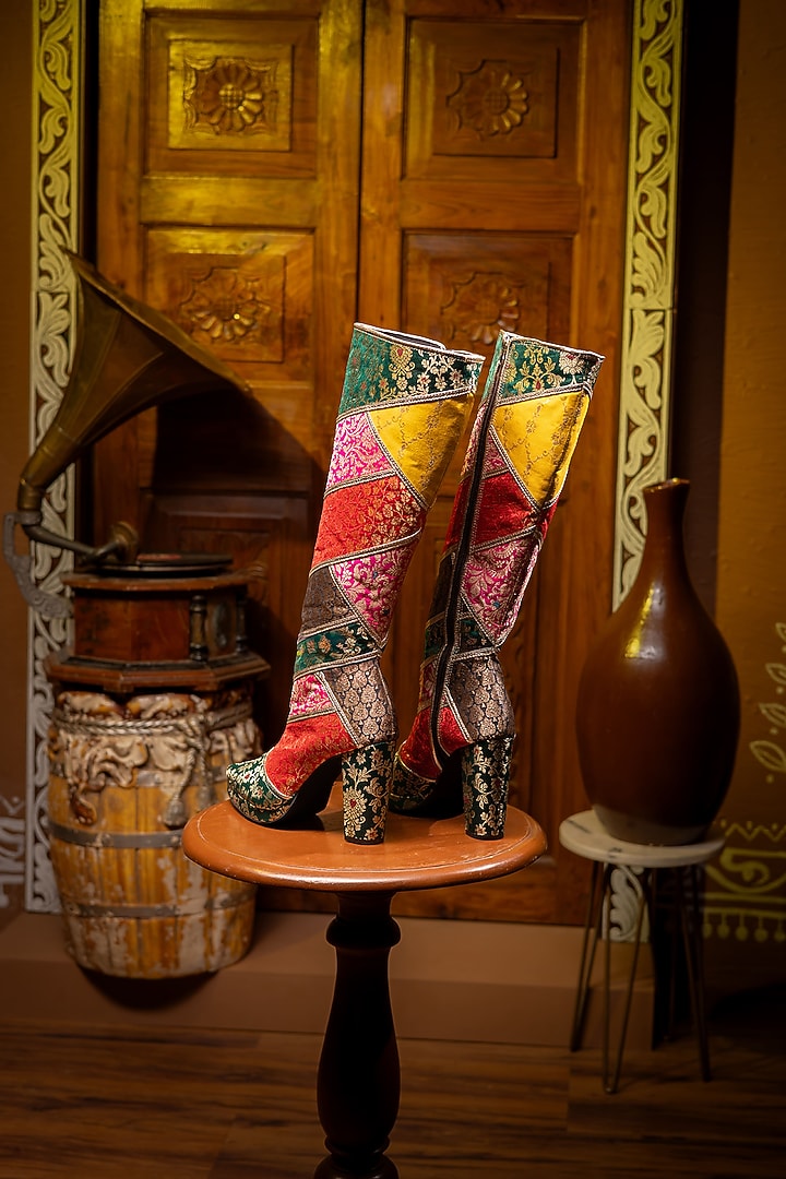 Multi-Coloured Silk High Boots by TIESTA at Pernia's Pop Up Shop