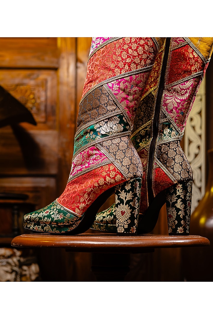 Multi-Coloured Silk High Boots by TIESTA at Pernia's Pop Up Shop
