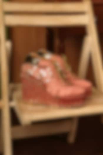 Blush Pink Satin Mirror Work Wedge Sneakers by TIESTA at Pernia's Pop Up Shop