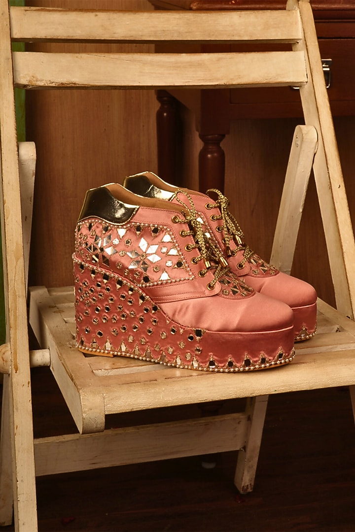 Blush Pink Satin Mirror Work Wedge Sneakers by TIESTA at Pernia's Pop Up Shop