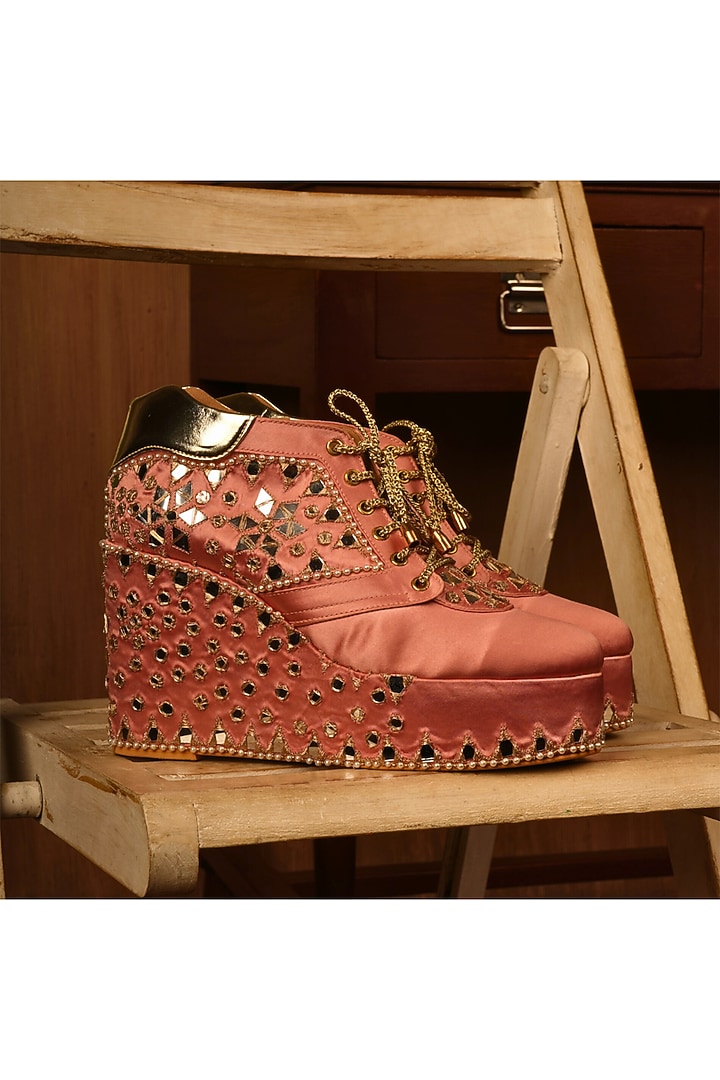 Blush Pink Satin Mirror Work Wedge Sneakers by TIESTA at Pernia's Pop Up Shop