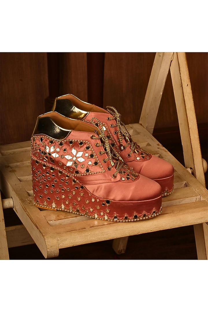 Blush Pink Satin Mirror Work Wedge Sneakers by TIESTA at Pernia's Pop Up Shop