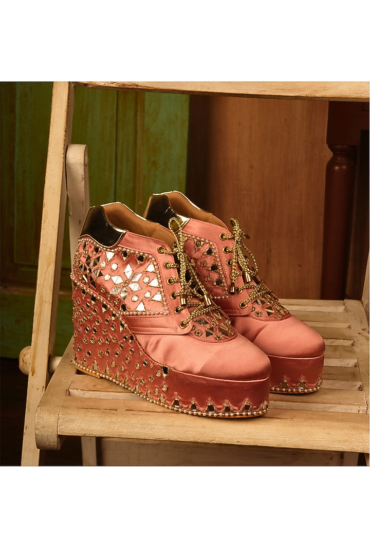 Blush Pink Satin Mirror Work Wedge Sneakers by TIESTA at Pernia's Pop Up Shop