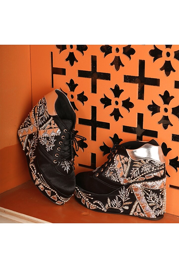 Black Satin Sequin Embroidered Wedge Sneakers by TIESTA at Pernia's Pop Up Shop