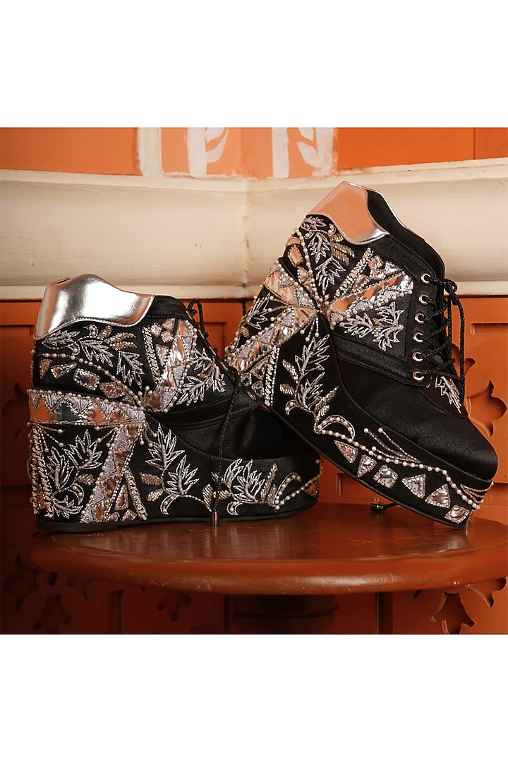 Black Satin Sequin Embroidered Wedge Sneakers by TIESTA at Pernia's Pop Up Shop