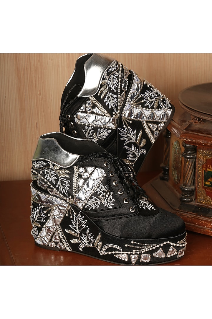 Black Satin Sequin Embroidered Wedge Sneakers by TIESTA at Pernia's Pop Up Shop