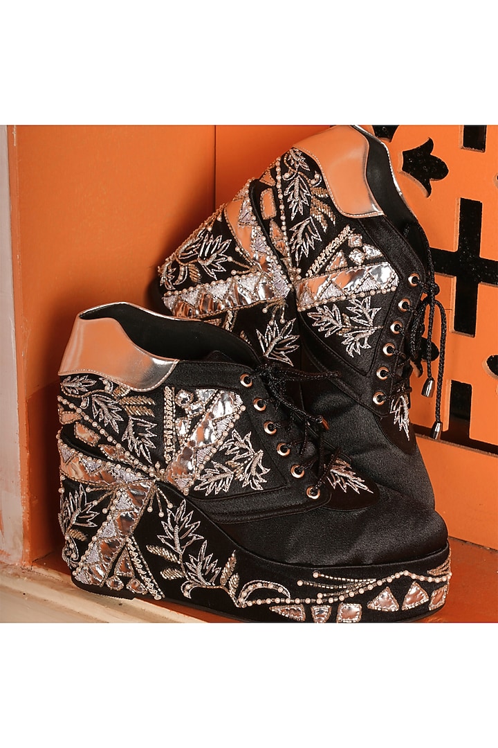 Black Satin Sequin Embroidered Wedge Sneakers by TIESTA at Pernia's Pop Up Shop