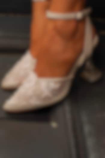 White Net Pearl & Bead Embroidered Heels by TIESTA at Pernia's Pop Up Shop