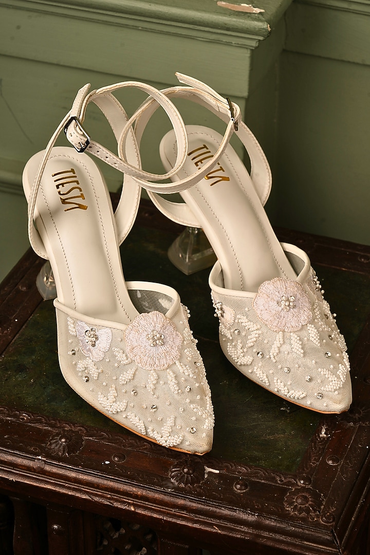 White Net Pearl & Bead Embroidered Heels by TIESTA at Pernia's Pop Up Shop