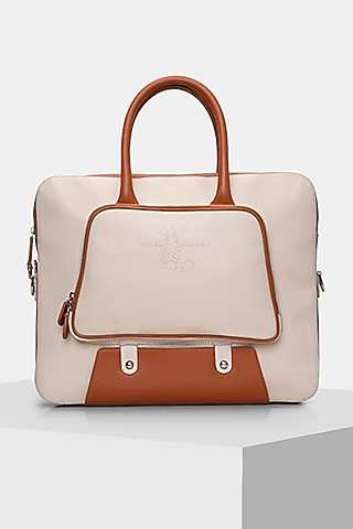 Cream & Orange Handcrafted Laptop Bag by Tiger Marron