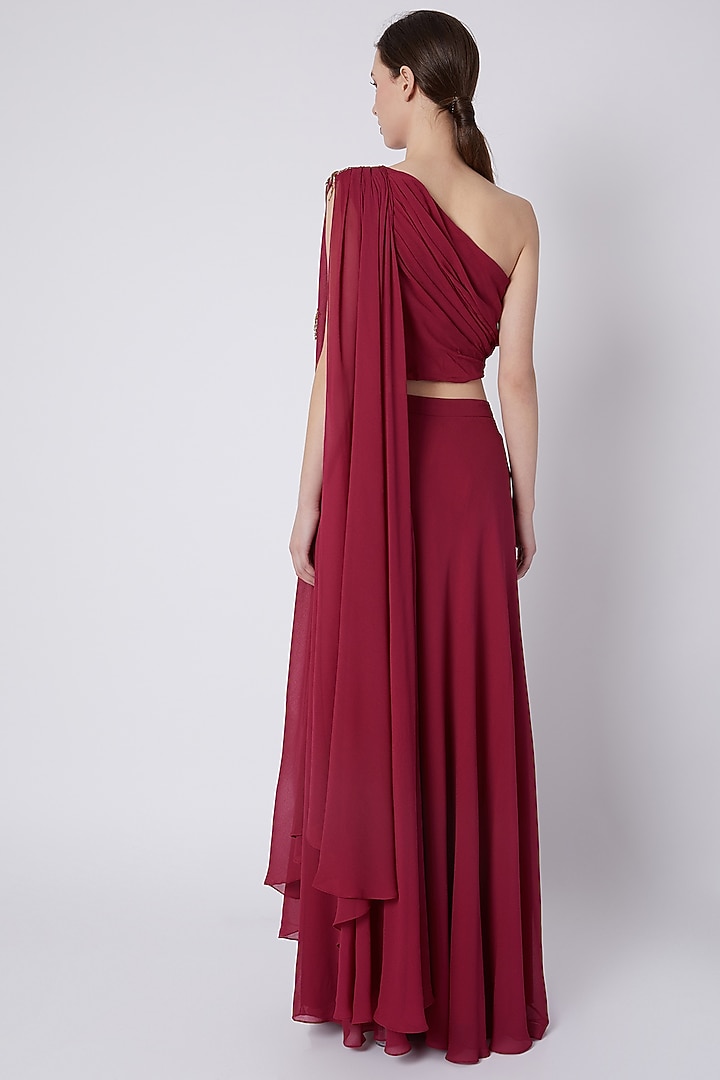 Fuchsia Embroidered Draped Top With Maxi Skirt by Tisharth by Shivani at Pernia's Pop Up Shop