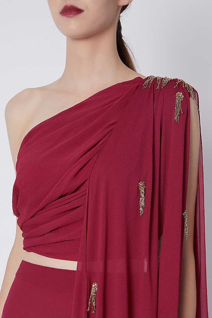 Fuchsia Embroidered Draped Top With Maxi Skirt by Tisharth by Shivani at Pernia's Pop Up Shop