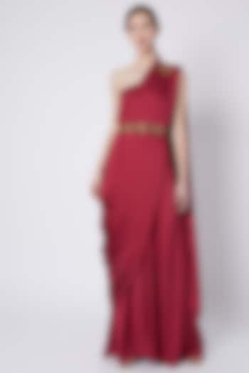 Fuchsia Satin Chiffon Draped Wedding Saree With Belt by Tisharth by Shivani at Pernia's Pop Up Shop