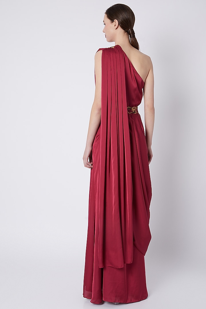 Fuchsia Satin Chiffon Draped Wedding Saree With Belt by Tisharth by Shivani at Pernia's Pop Up Shop