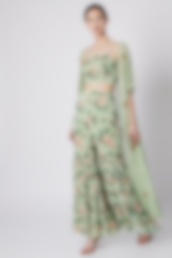 Mint Green Printed Embroidered Crop Top With Pants & Cape by Tisharth by Shivani