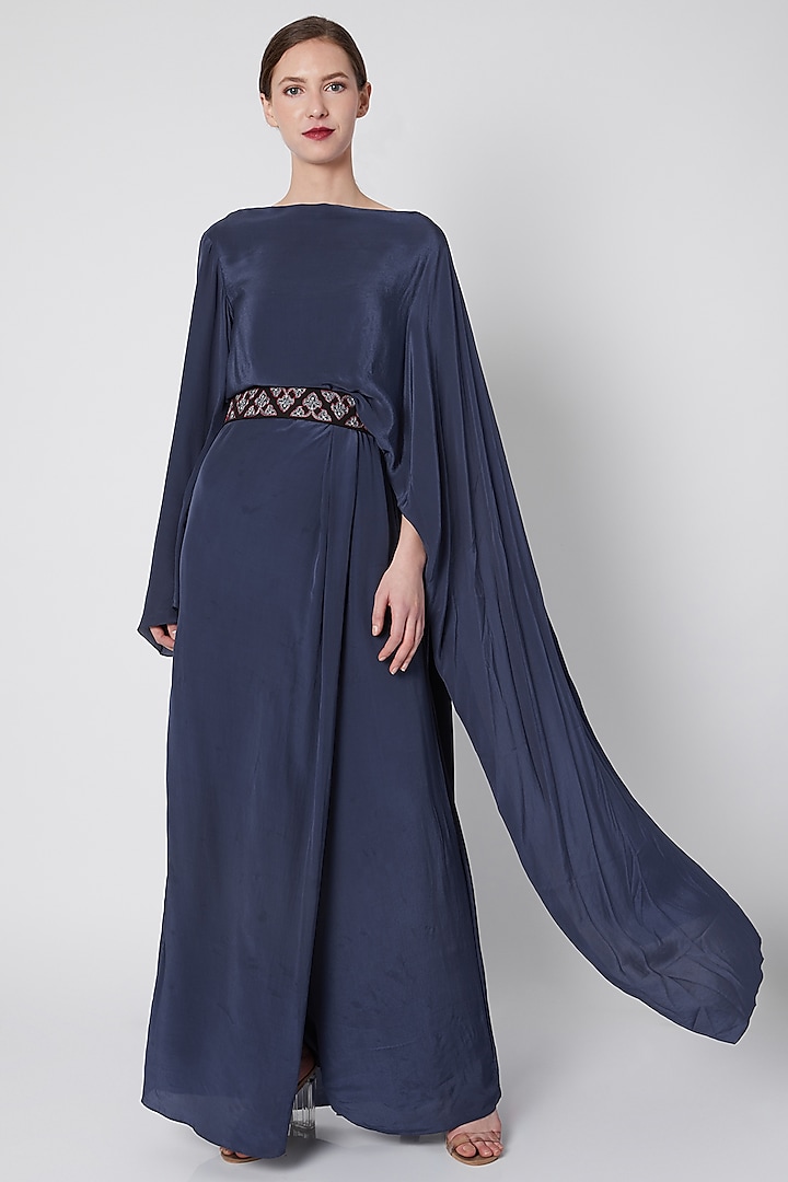 Navy Blue Draped Dress With Embroidered Belt by Tisharth by Shivani