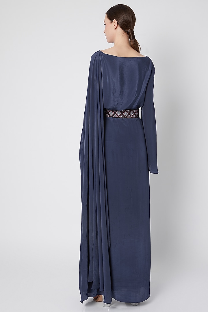 Navy Blue Draped Vacation Dress With Embroidered Belt by Tisharth by Shivani at Pernia's Pop Up Shop