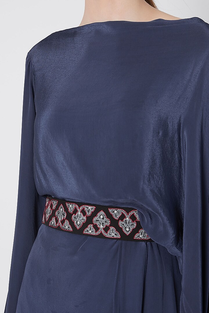 Navy Blue Draped Vacation Dress With Embroidered Belt by Tisharth by Shivani at Pernia's Pop Up Shop