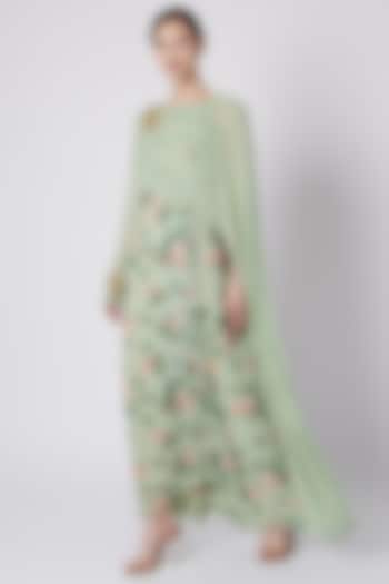 Mint Green Printed & Embroidered Draped Dress by Tisharth by Shivani