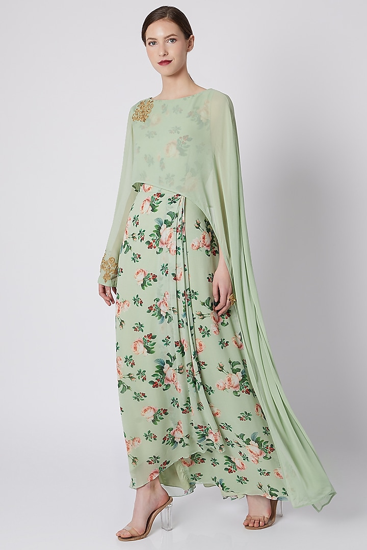 Mint Green Printed & Embroidered Draped Cocktail Dress by Tisharth by Shivani at Pernia's Pop Up Shop