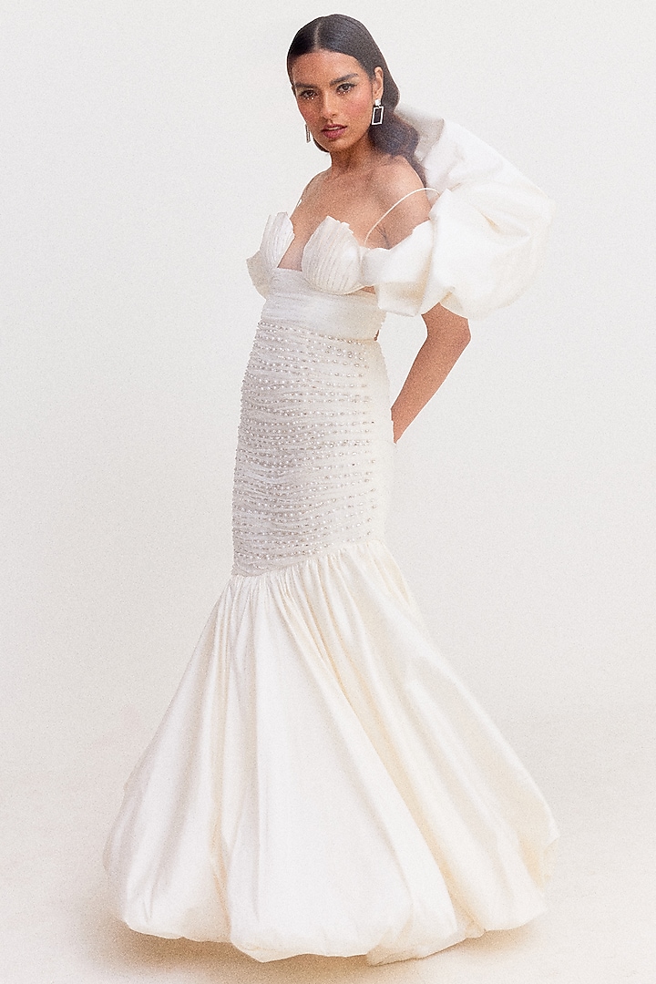 Egg-Shell White Polyester Bubble Maxi Cocktail Dress by Tisharth by Shivani at Pernia's Pop Up Shop