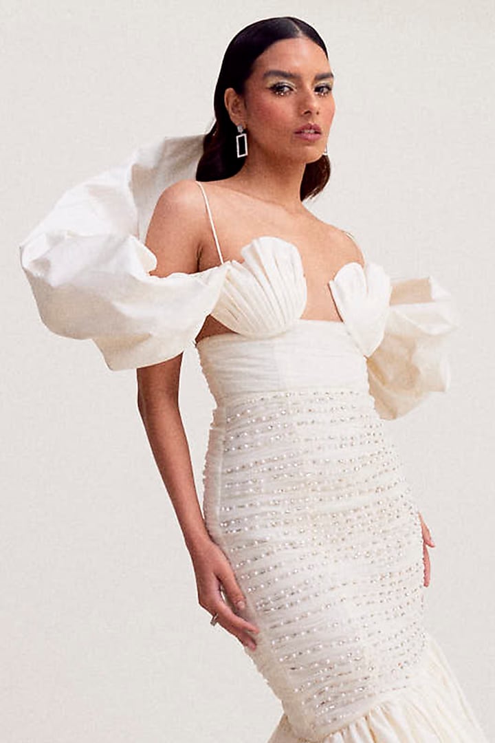 Egg-Shell White Polyester Bubble Maxi Cocktail Dress by Tisharth by Shivani at Pernia's Pop Up Shop