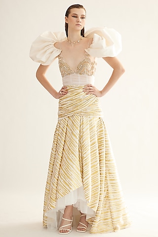 Metallic Gold Polyester A-Line Maxi Dress by Tisharth by Shivani