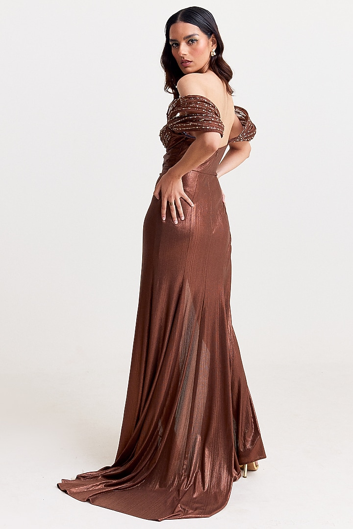 Metallic Brown Polyester Asymmetric Maxi Cocktail Dress by Tisharth by Shivani at Pernia's Pop Up Shop