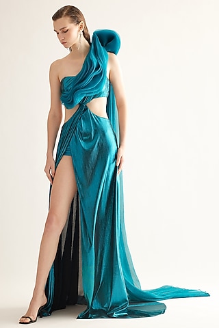 Metallic Blue Polyester Cut-Out Maxi Cocktail Dress by Tisharth by ...