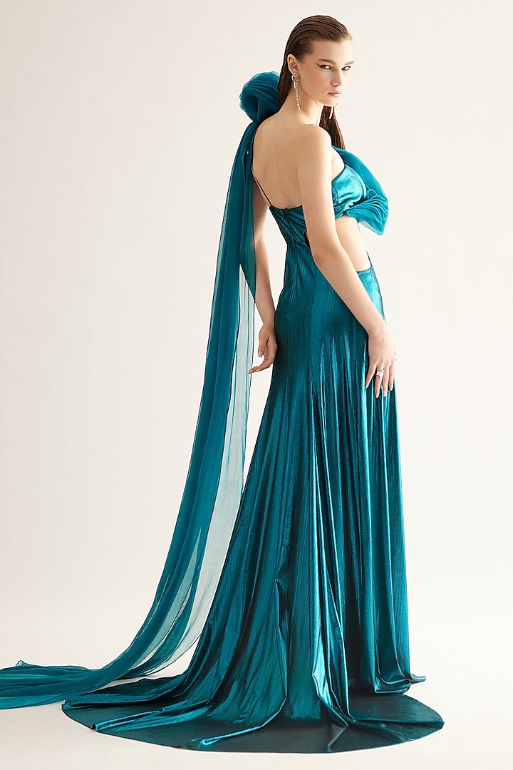 Metallic Blue Polyester Cut-Out Maxi Cocktail Dress by Tisharth by Shivani at Pernia's Pop Up Shop