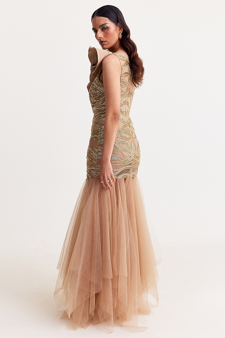 Golden Polyester Fringed Mini Party Wear Dress by Tisharth by Shivani at Pernia's Pop Up Shop