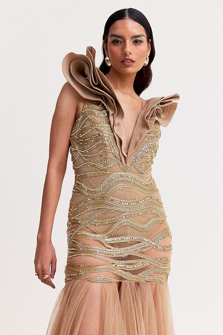 Golden Polyester Fringed Mini Party Wear Dress by Tisharth by Shivani at Pernia's Pop Up Shop