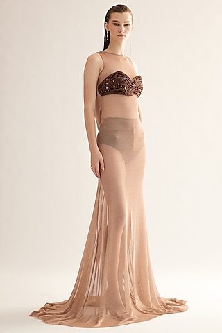 Shimmer Brown Sheer Skirt Set by Tisharth by Shivani