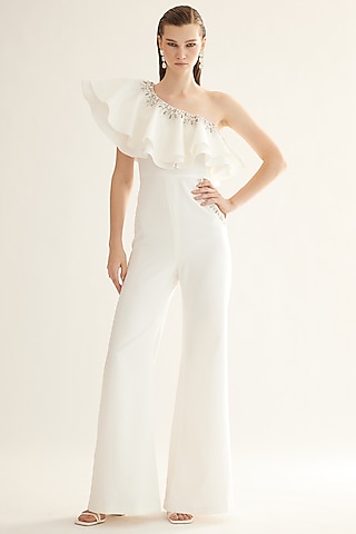 Egg-Shell White Polyester One-Shoulder Jumpsuit by Tisharth by Shivani