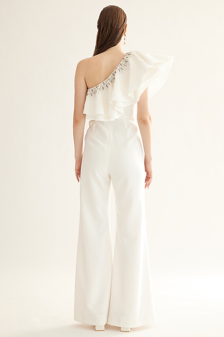 Egg-Shell White Polyester One-Shoulder Jumpsuit by Tisharth by Shivani at Pernia's Pop Up Shop