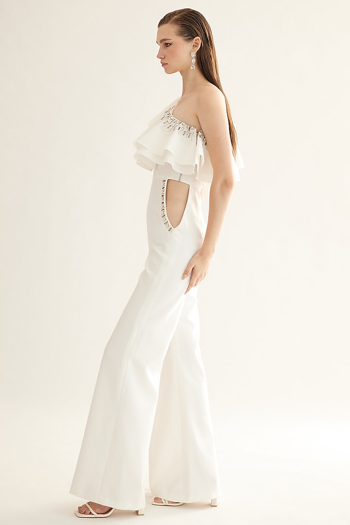 Egg-Shell White Polyester One-Shoulder Jumpsuit by Tisharth by Shivani at Pernia's Pop Up Shop