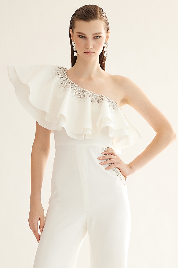 Egg-Shell White Polyester One-Shoulder Jumpsuit by Tisharth by Shivani at Pernia's Pop Up Shop