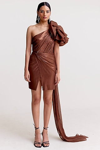 Metallic Brown Polyester Asymmetric Mini Dress by Tisharth by Shivani