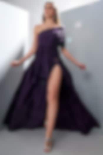 Aubergine Purple One Shoulder Gown by Tisharth by Shivani