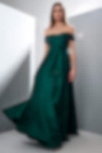Emerald Green Off Shoulder Gown by Tisharth by Shivani