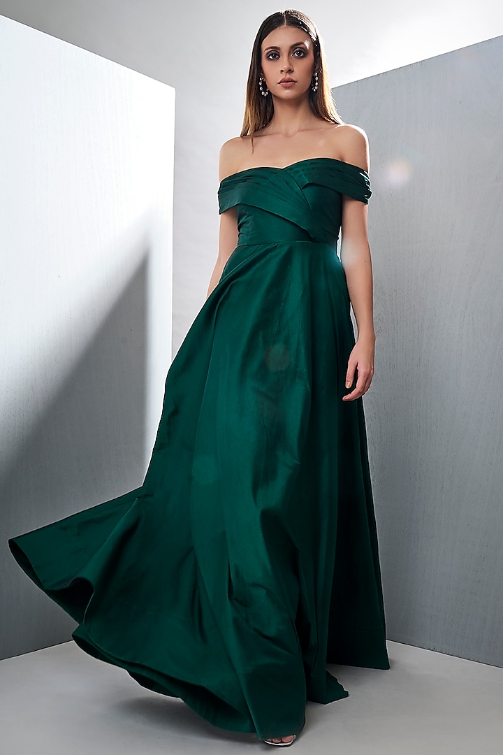 Emerald Green Off Shoulder Gown by Tisharth by Shivani