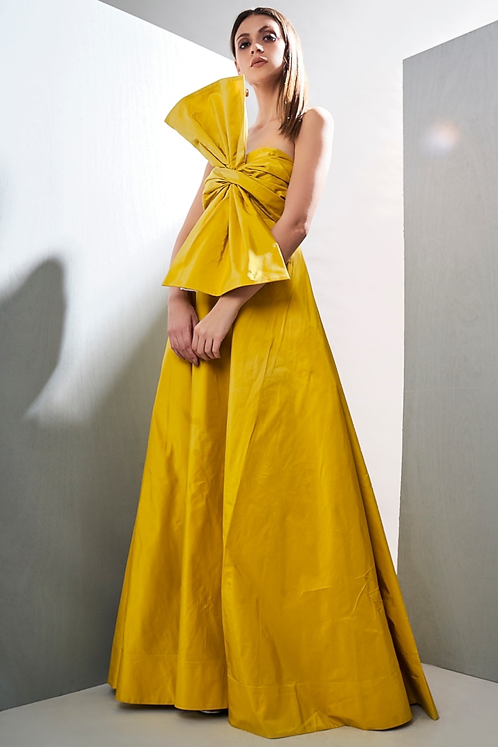 Neon Yellow Draped Gown by Tisharth by Shivani at Pernia's Pop Up Shop